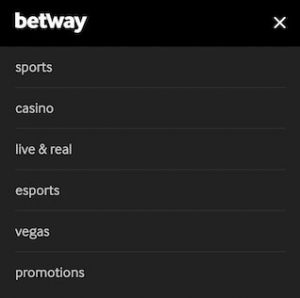 menu de l'application betway